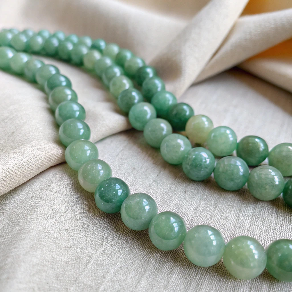Natural green nephrite jade bead necklace with smooth polished stones