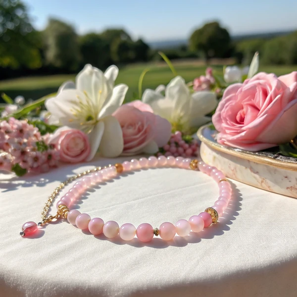 Pink Opal Necklace Pink opal jewelry necklace displaying soft rose colors and gentle energy