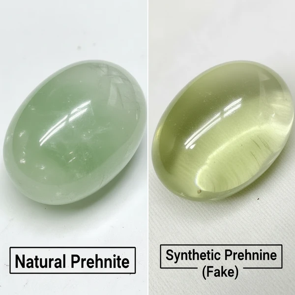 Comparison showing natural prehnite stone versus fake synthetic imitation