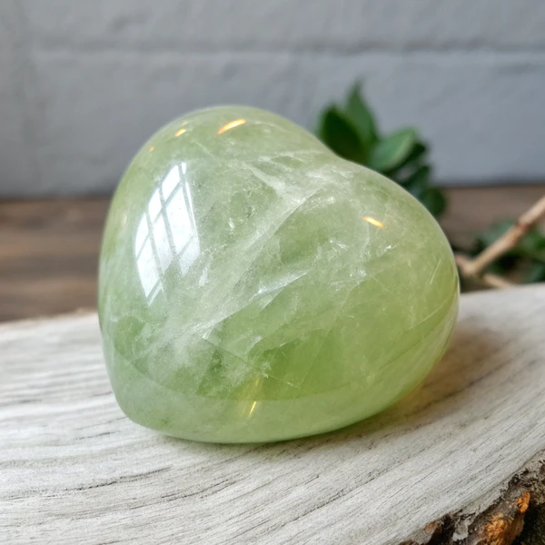 Prehnite crystal stone with heart chakra healing properties and inner glow