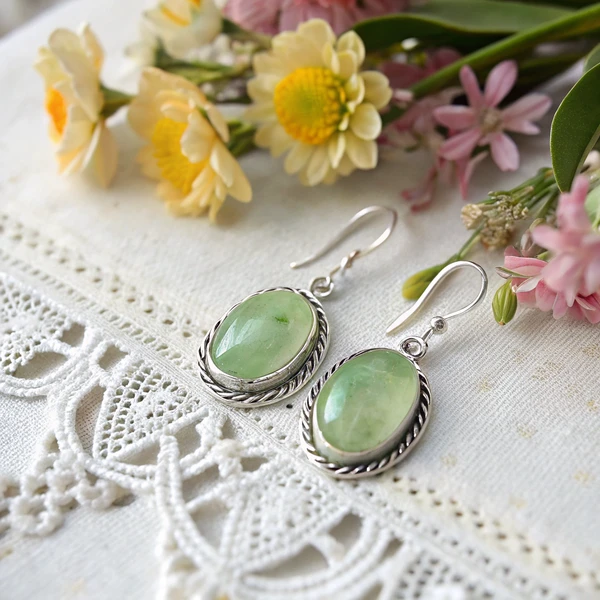 Sterling silver earrings with natural green prehnite gemstones