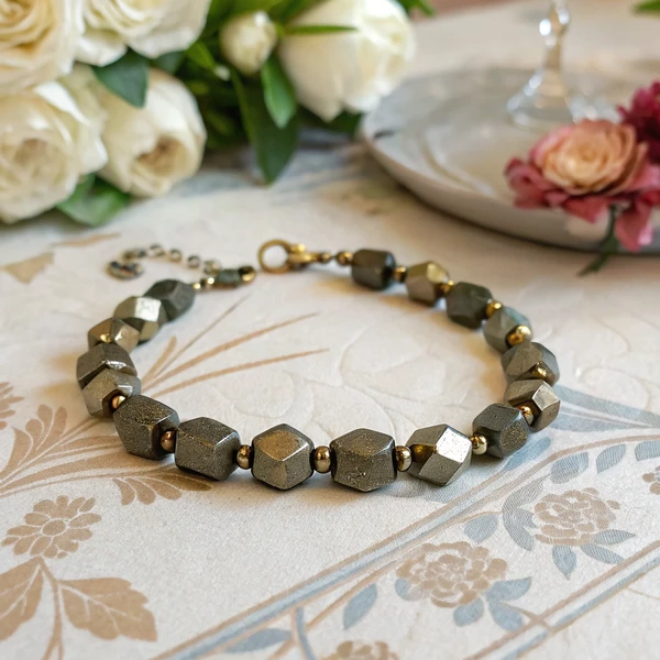 Pyrite beaded necklace strand showing multiple golden metallic stones strung together