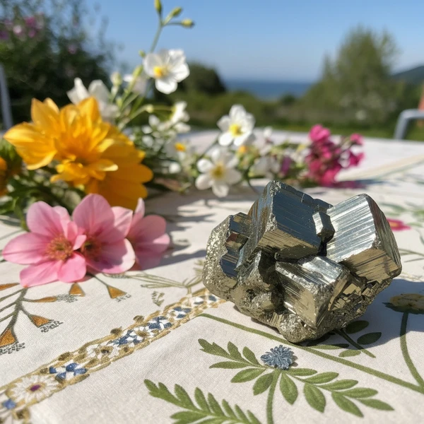 Natural pyrite crystal cluster showing intergrown cubic formations and metallic golden surfaces