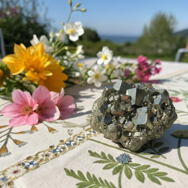 Faceted polished pyrite gemstone showing metallic luster and geometric cuts