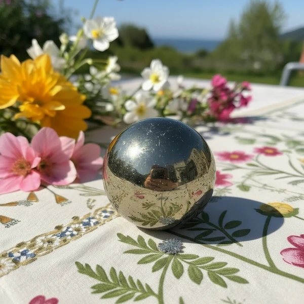 Polished pyrite sphere ball showing golden metallic finish and natural inclusions