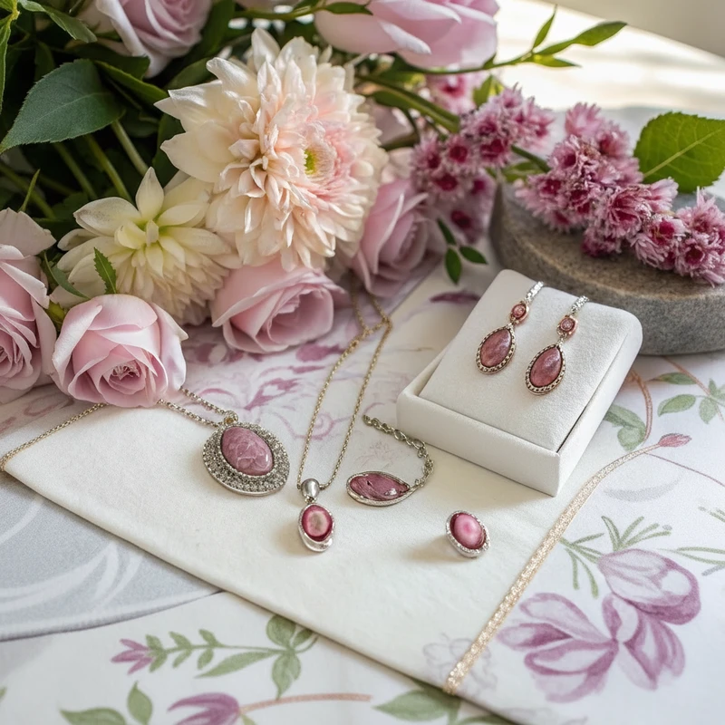 Collection of rhodonite jewelry including earrings, pendants, and rings with pink gemstones