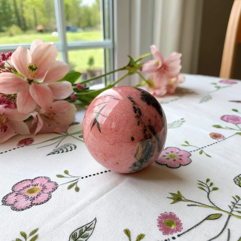 Polished rhodonite sphere showing smooth pink surface with natural black manganese patterns