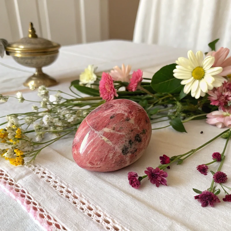 Natural rhodonite stone showing characteristic pink color with black manganese patterns and heart chakra healing properties